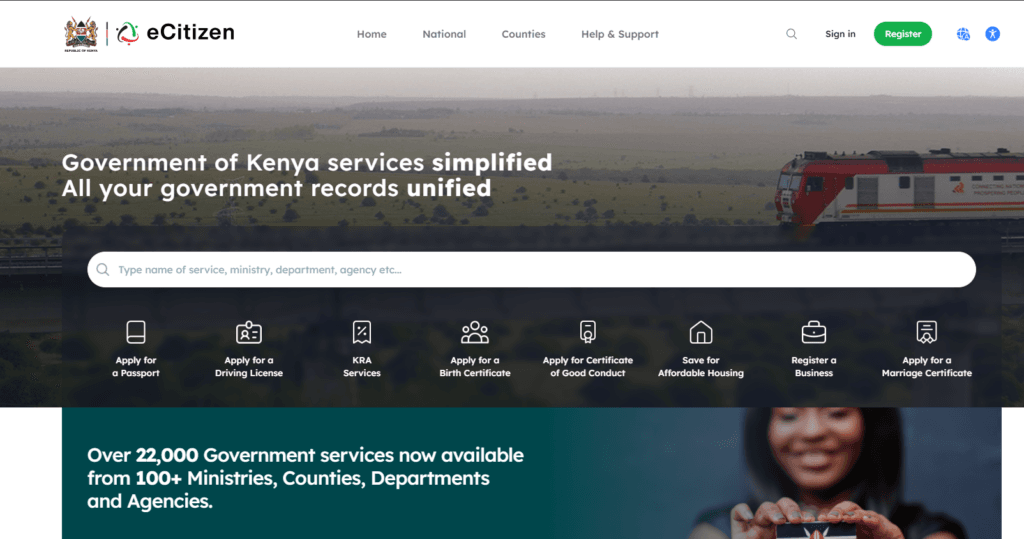 Business registration in Kenya happens 100% online through the eCitizen portal