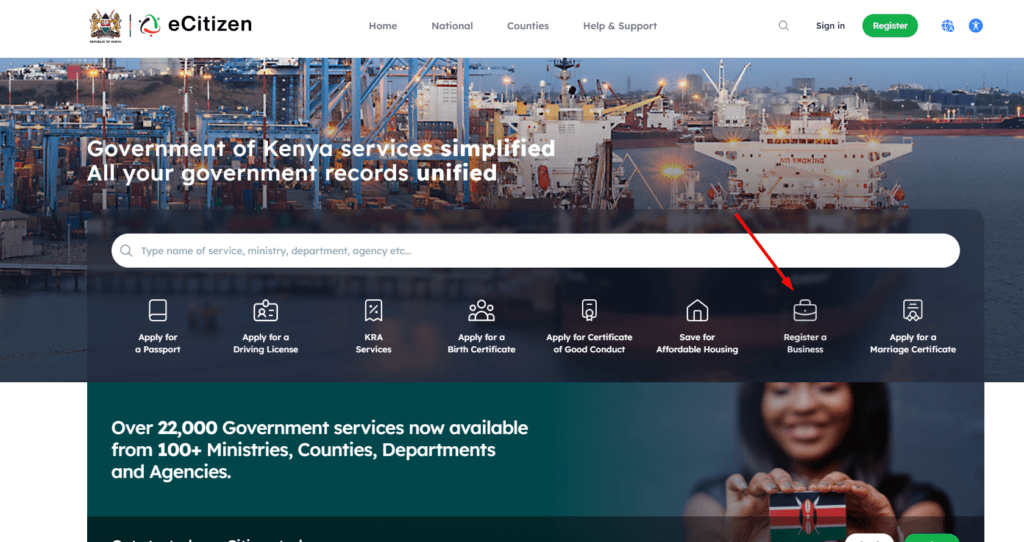Go to ecitizen.go.ke. Click "Register a Business" and fill in your details
